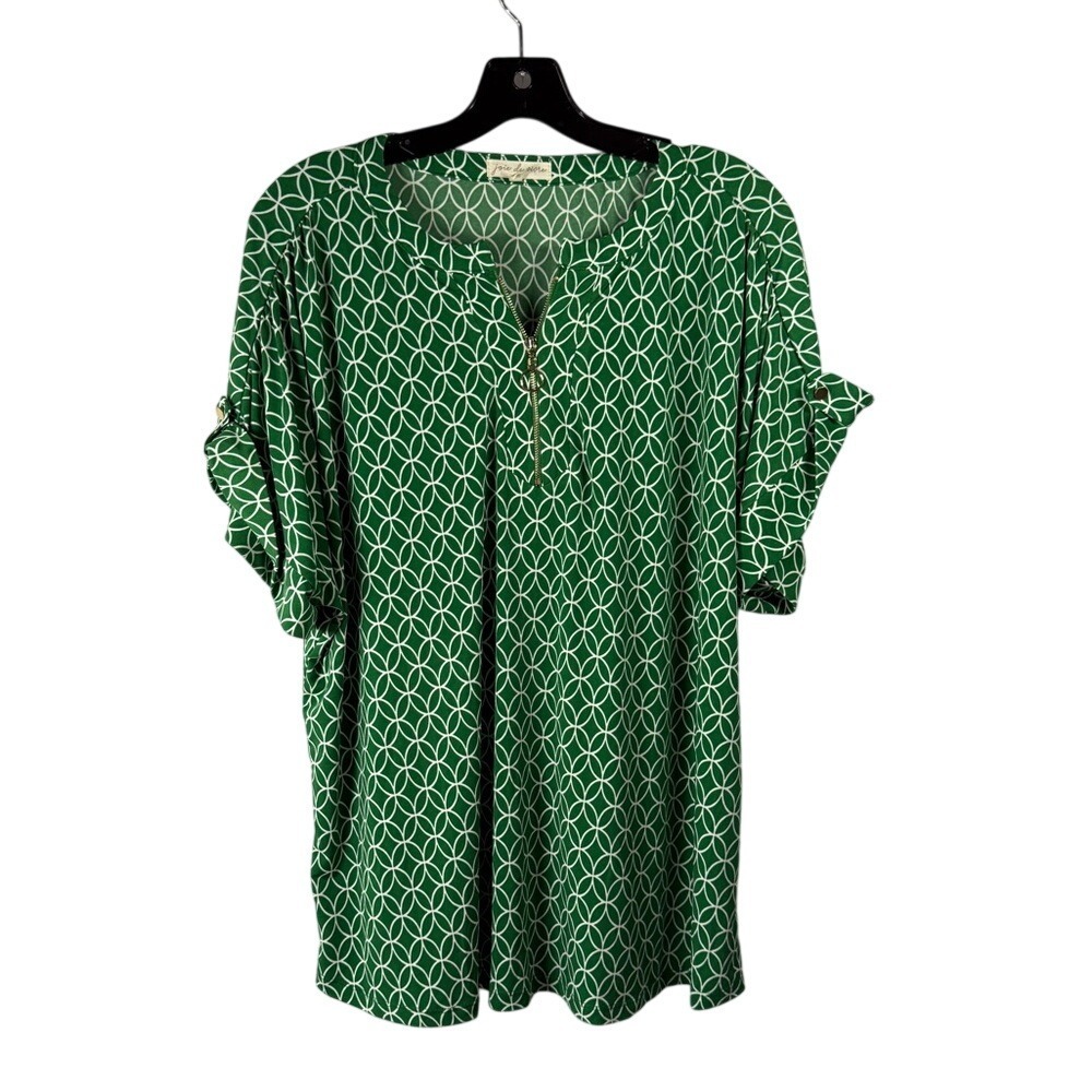 Joie De Vivre Green Geometric Print Zip Front Business Casual Blouse Size 3X